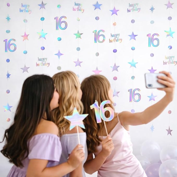 GCQQ 16 Birthday Decorations - 4 Packs Iridescent Holographic Sweet 16 Year Old Star & Circle Hanging Garlands 46FT Happy 16th Birthday Banner Streamers for Girls, Boy, Backdrop & Teen Party Décor