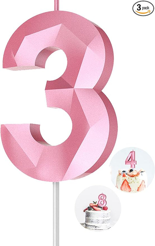 Number Birthday Candles(3 Candle Pink) 3D Diamond Shape 3rd Happy Birthday Cake Topper Decorations for Girl Women Birthday Wedding Anniversary Celebration Theme Party Supplies