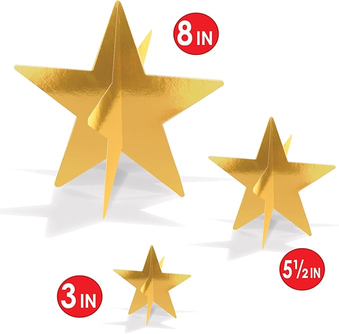 Beistle Gold 3-D Foil Star Centerpieces, 9-Count – Metallic Starry Table Decorations in 3 Sizes for New Year’s Eve, Awards Night, Graduation, Hollywood Party, Anniversary and Celebration Events