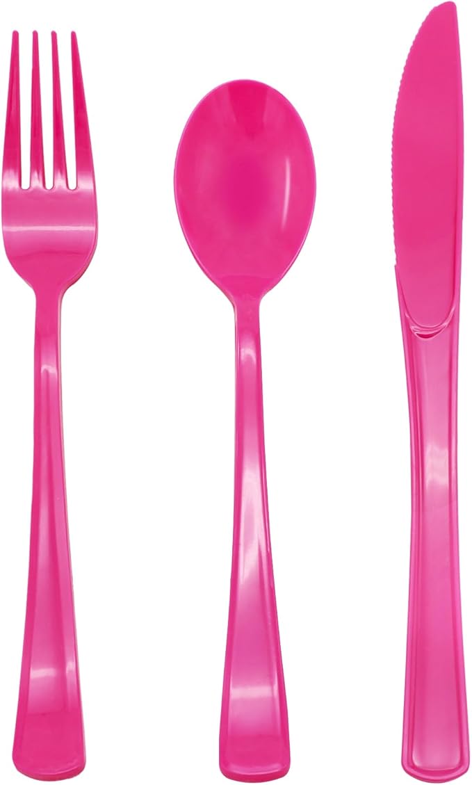 150 Pcs Hot Pink Plastic Silverware Hot Pink Plastic Utensils Heavy Duty - 50 Forks, 50 Knives, 50 Spoons for Valentine's Day,Birthday Bachelorette Wedding Bridal Shower