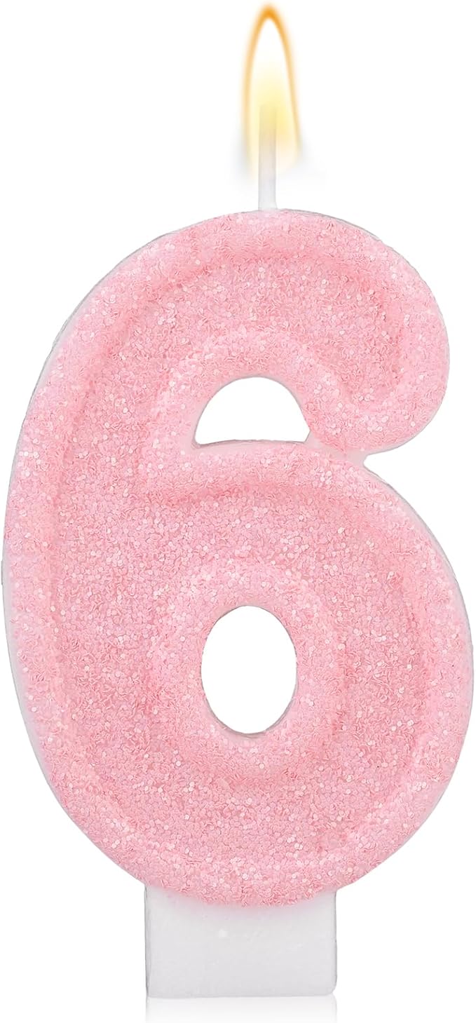 Pink Number Birthday Candles, Romantic Cake Glitter Pink Number Candles Anniversary Cake Topper Decoration Cute Birthday Party Supplies for Wedding Anniversary Celebration Supplies (6)