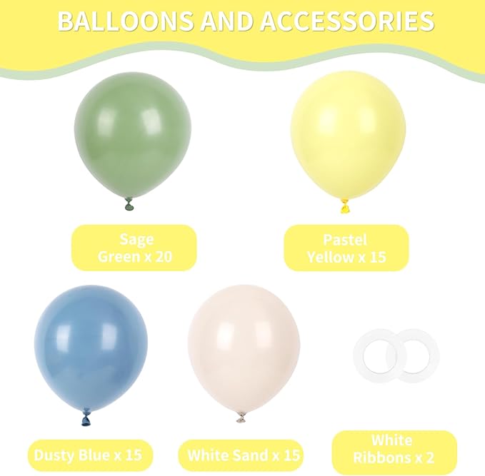 RUBFAC Sage Green Dusty Blue Yellow Balloons, Party Balloon Pastel Yellow for Theme Baby Shower Decorations Birthday Wedding Party Supplies, 65pcs 12 Inches