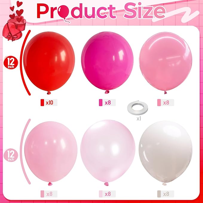 Pink and Red Balloon Set, Valentine Balloons Decorations, 12 Inch Red Pastel Light Hot Pink White Latex Balloon for Women Valentine's Day Birthday Wedding Bridal Shower Anniversary Party Decorations