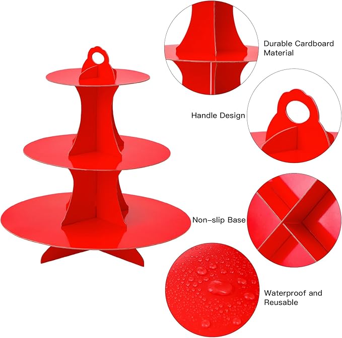 Soleebee 3-Tier Round Cupcake Stand, Cardboard Cupcake Tower, Dessert Cup Cake Stand Tower for Birthday Wedding Party Decoration, Cupcake Tier Stand 1 Set (Red)