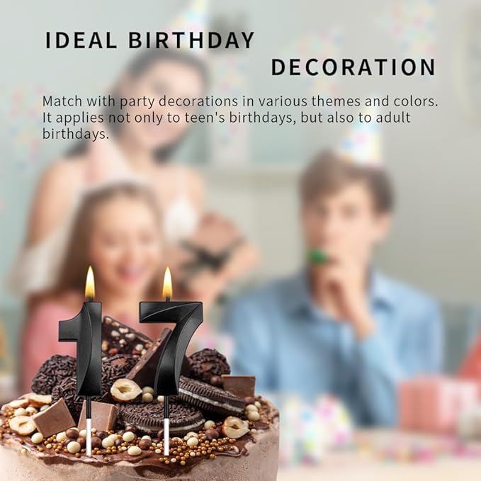17th Birthday Candles 17 Candles for 17th Birthday Decorations for Boys Happy 17 Birthday Cake Topper Black Birthday Candles Black Number Candles Happy Decorations for Girls (17)