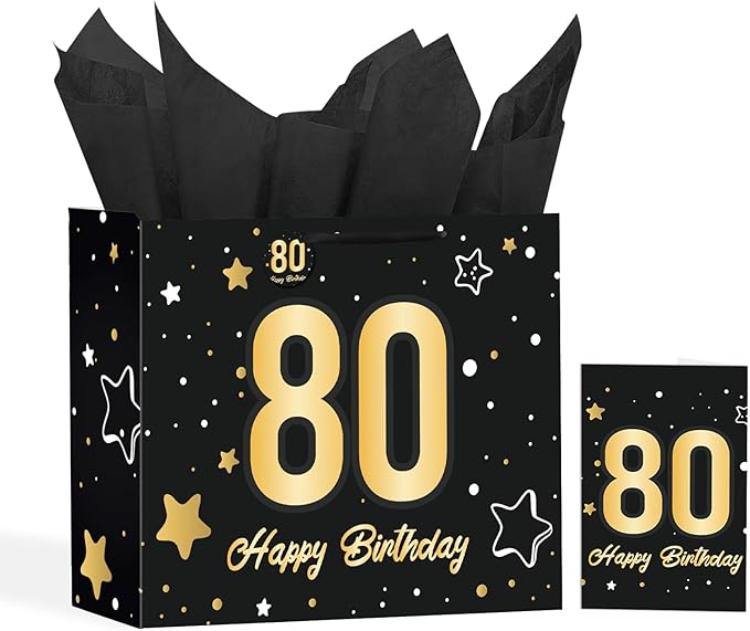 Powbrace 13" Black 80th Birthday Gift Bag with Tissue Paper and Greeting Card for Party,Happy Birthday Gift Bag for Men Women,Gift Bags Medium size(1 Black 80th)