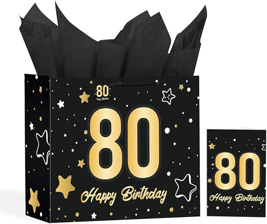 Powbrace 13" Black 80th Birthday Gift Bag with Tissue Paper and Greeting Card for Party,Happy Birthday Gift Bag for Men Women,Gift Bags Medium size(1 Black 80th)