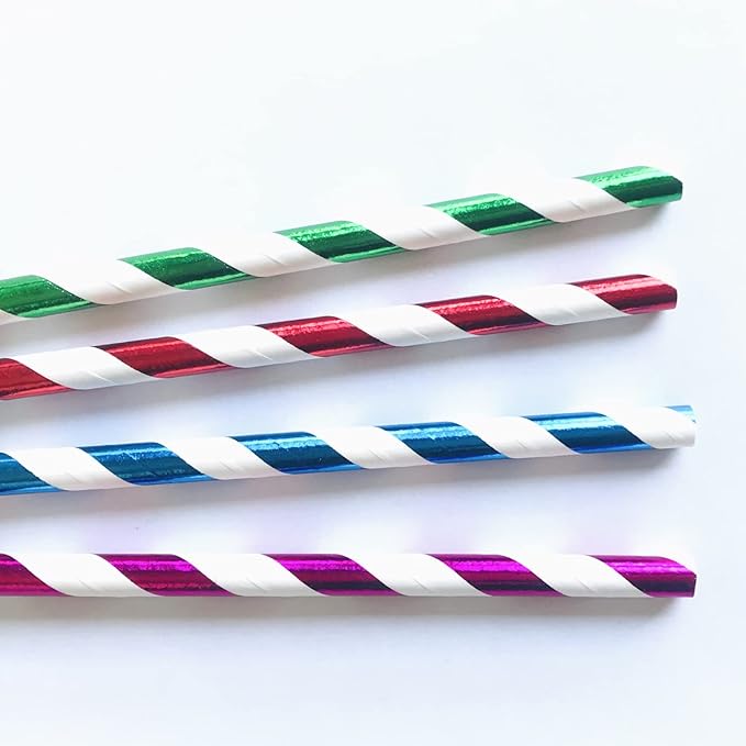 100 pcs Mixed Biodegradable Colorful Party Paper Straws, Colored Hot Pink Blue Red Green Foil Striped Drinking Straws Bulk, Restaurant Holiday Birthday Wedding Cake Pop Sticks (Metallic Stripe)