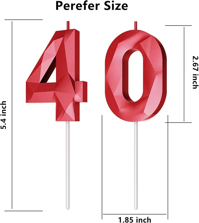 Number Birthday Candles(40 Candle Red) 3D Diamond Shape Number Happy Birthday Cake Candles for Birthday Party Wedding Decoration Reunions Theme Party