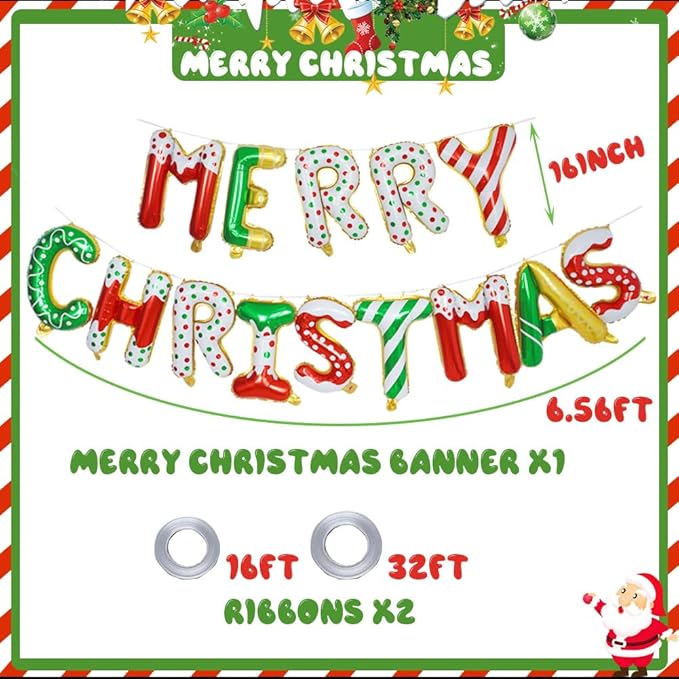 MERRY CHRISTMAS Balloon Banner, Red Green Gold Happy Christmas Style Sign for Xmas Party Decorations, 16 Inches Foil Donut Balloons Letter for Christmas Themed Indoor Outdoor Decor