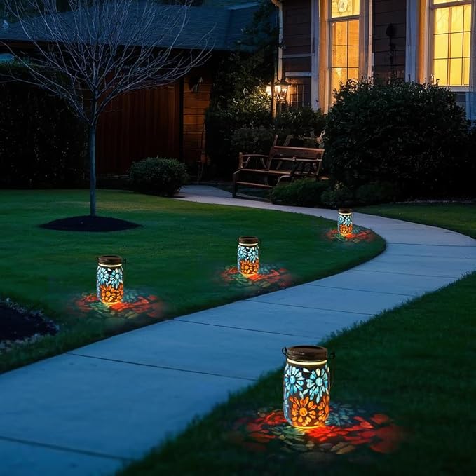 Starsoul Solar Lanterns Outdoor Waterproof, Mosaic Flowers Glass Solar Hanging Outdoor Lights, Decorative Solar Lantern for Outside Pathway Patio Porch Yard Decor