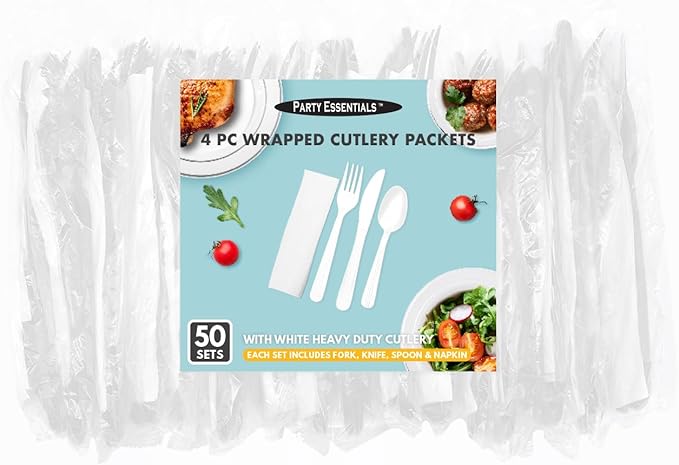 Party Essentials Individually Wrapped Heavy Duty Plastic Utensil Kits, 50 Sets for Party Catering, Fork/Spoon/Knife/Napkin, White