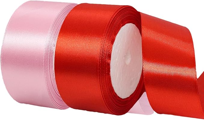 2 Rolls Red Pink Ribbon, 1-1/2 Inch x 50 Yards Satin Pink Red Fabric Ribbon for Flower Bouquets, Gift Wrapping, DIY Crafts, Birthday Cakes, Holiday, Wedding Party and Mother’s Day Decorations