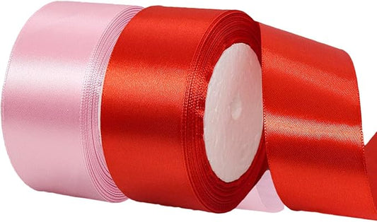 2 Rolls Red Pink Ribbon, 1-1/2 Inch x 50 Yards Satin Pink Red Fabric Ribbon for Flower Bouquets, Gift Wrapping, DIY Crafts, Birthday Cakes, Holiday, Wedding Party and Mother’s Day Decorations
