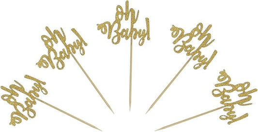 24 Gold Glitter Oh Baby Cake Cupcake Toppers Picks for Wedding Birthday Baby Shower Party Decorations