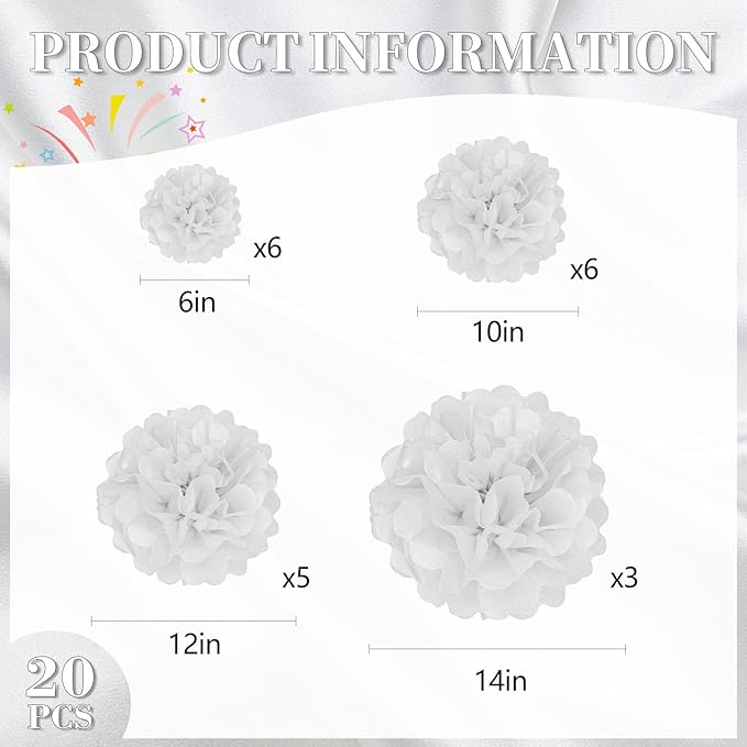 20 PCS White Tissue Paper Pom Poms, Tissue Pom Poms Flowers, Sizes of 6", 10", 12", 14" Hanging Paper Flower Ball for Wedding, Birthday, Halloween, Christmas, Baby Shower Party Decor