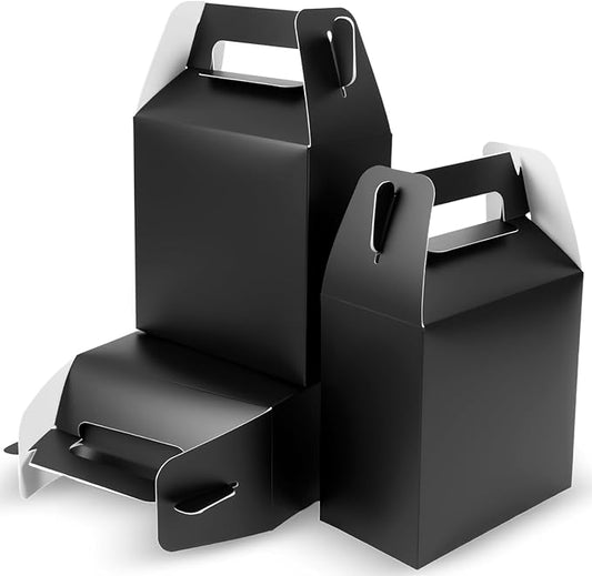 XAGLVV 12-Pack Black Party Favor Treat Boxes (7 x 3.5 x 6.6 Inch) Gable Paper Snack Boxes with Handles& Goodie Gift Bags for Kids Birthday, Wedding, Baby Shower.