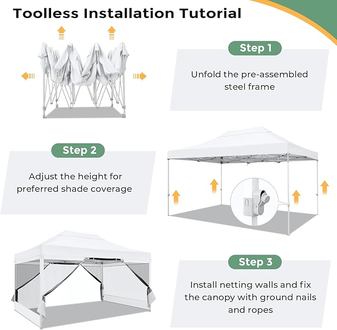 COBIZI 10x15 Heavy Duty Pop Up Canopy with 4 Sidewalls, Commercial Gazebo Party Tent with Mosquito Netting Wall Easy Set Up Outdoor Instant Screen Tent for Backyard, Patio, Garden, White