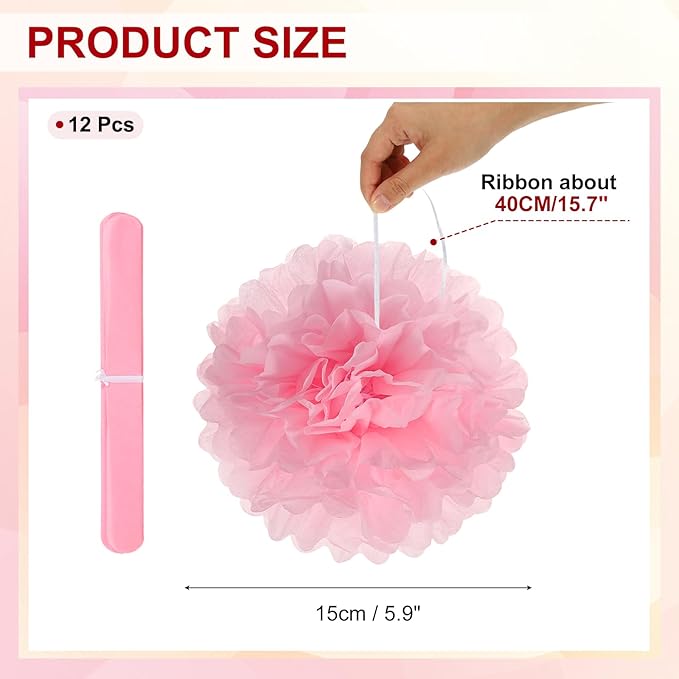 PATIKIL 6inch Tissue Paper Pom Poms, 12PCS Pom Poms Paper Flowers Ball Tissue Paper Flowers for Wedding Bridal Shower Birthday Bachelorette Party Backdrop Decoration, Pink