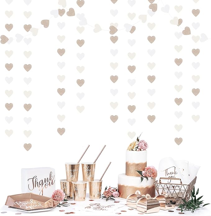 Champagne-Gold Milky-White Birthday Party-Decorations Heart-Garland - 52ft Wedding Hanging Streamers Banner,Bachelorette Engagement Romantic Special Night Baby Bridal Shower Backdrop Decor Burgleda
