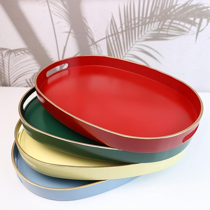 Spsyrine Red Plastic Serving Tray for Ottoman, Coffee Table, Oval Decorative Tray for Entertaining, Outdoor, Living Room, Home Decor