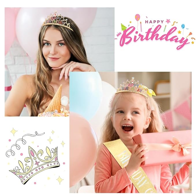 Gold Birthday Crown and Sash for Women Girls Gold Tiaras for Women Birthday Crowns for Girls Princess Crown Rhinestone Happy Birthday Hair Accessories