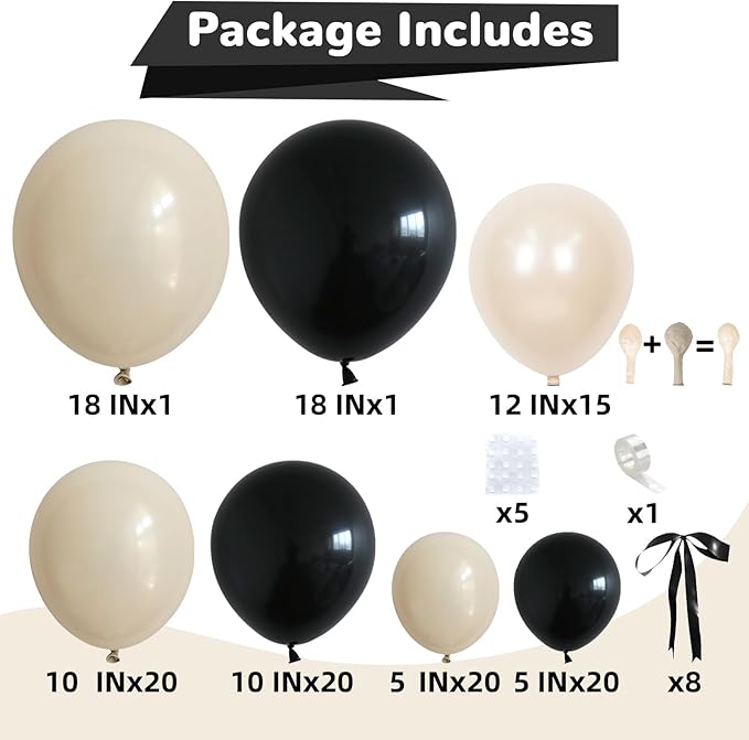 HILAVO Black and Sand White Balloon Arch Kit 105 Pcs Bow Balloon Garland Coquette Bow Balloons Ribbon Double Stuffed Sand Black Balloons for Coquette Birthday Wedding Baby Shower Bridal Party Decor