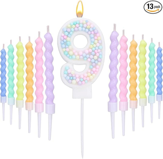 Number 9 Birthday Candles for Cake with 20 Pieces Spiral Candles with Macaron Pastel Rainbow Pink Cake Toppers for Girls Happy Birthday Party Decorations