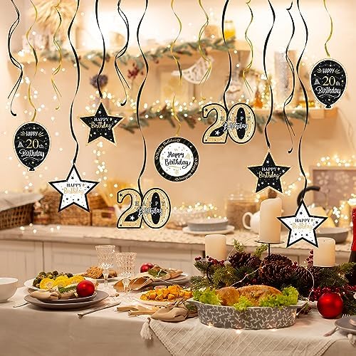 Happy 20th Birthday Black & Gold Glitter Swirls Streamers Party Decorations - 15 Pcs 20th Birthday Hanging Swirls Streamers Kit,Cheers to Twenty Years Old Bday Party Sign.