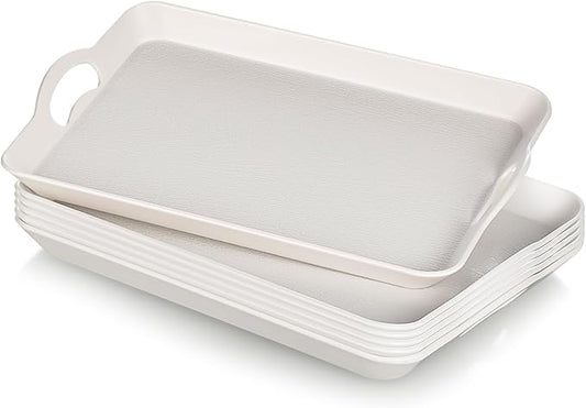 Kathfly 6 Pcs White Serving Trays with Handles Trays for Eating 16 x 11 Inch Multi Purpose Plastic Tray Rectangular Anti Skid Decorative Food Tray for Restaurant Breakfast Countertop Party Kitchen