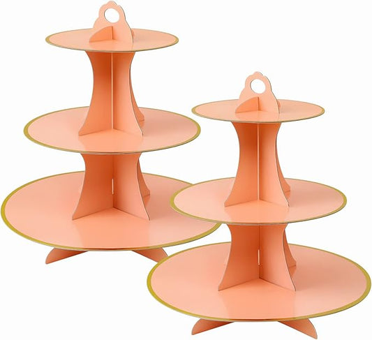 Soleebee 3-Tier Round Cupcake Stand, Cardboard Cupcake Tower, Dessert Cup Cake Stand Tower for Birthday Wedding Party Decoration, Cupcake Tier Stand 2 Set (Pink Gold)