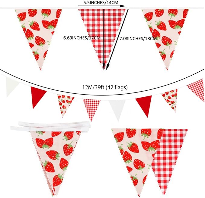 Zwiebeco 39Ft Red White Strawberry Fabric Bunting Banner Triangle Flags Party Decorations Hanging Cotton Garland Pennant for Engagement Wedding Baby Shower Birthday Home Outdoor Garden Party Decor