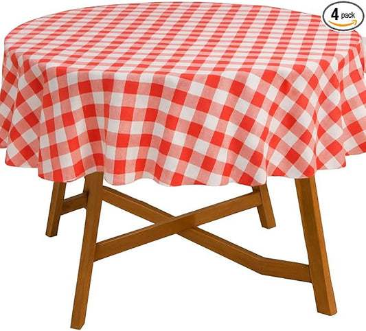 Oojami Pack of 4 Round Checkered Tablecloth - Red & White Plastic Disposable Table Covers for Parties and Events - 78" Diameter