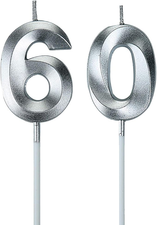 Bailym Silver 60th Birthday Candles, Number 60 Cake Topper for Birthday Decorations Party Decoration