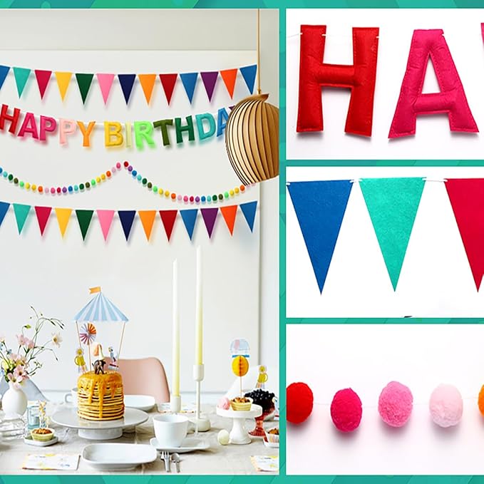 Pre-Strung Happy Birthday Banner, Felt Ball Garland Happy Birthday Garland, Rainbow Decorations Decor Party Pennant, Multicolor Bunting String Triangle Flags Bulk Rainbow Bunting
