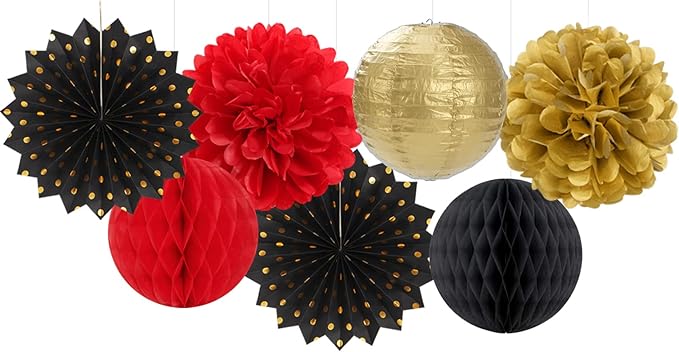 Red-Black Gold Party Decorations Streamers Lanterns - 14pcs Casino-Theme Graduation 2026 Paper Fan,Game Night Wedding Birthday Baby Bridal Shower Tissue Pom Poms,Honeycomb Balls Decor Ouruola