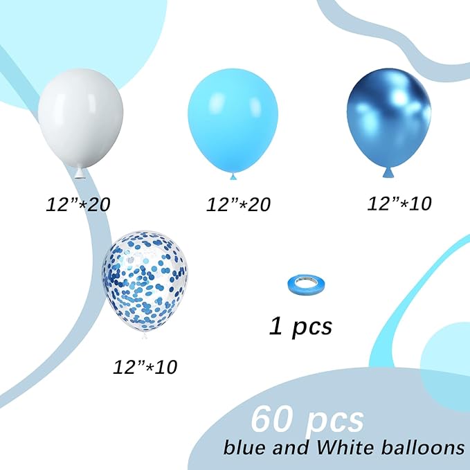 Blue and White Latex Balloons, 60pcs 12 Inches Metallic Blue and White Confetti Balloons with 1 Ribbon for Bridal Shower, Birthday, Baby Shower Party Decorations