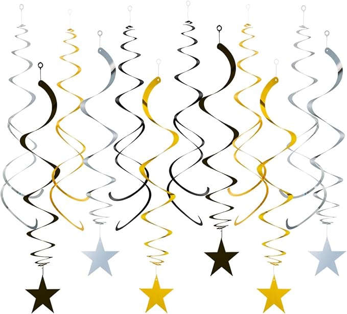 GAKA Black Gold and Silver Foil Hanging Ceiling Swirls Garland,Star Swirl Streamer Decorations for Birthday,Anniversary,Graduation Party Supplies(24Pcs)