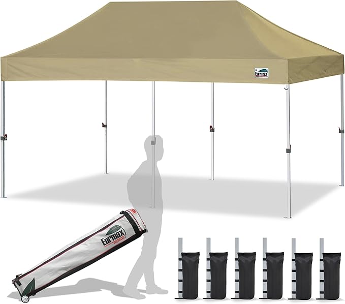 Eurmax USA 10x20ft Pop Up Canopy, Commercial Instant Tent for Outdoor Events, Patented No-Tip Rolling Storage Bag with 6 Sandbags,UV & Water Resistant,Heavy Duty Portable Shelter Gazebo,Khaki