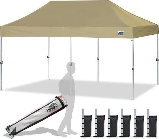 Eurmax USA 10x20ft Pop Up Canopy, Commercial Instant Tent for Outdoor Events, Patented No-Tip Rolling Storage Bag with 6 Sandbags,UV & Water Resistant,Heavy Duty Portable Shelter Gazebo,Khaki