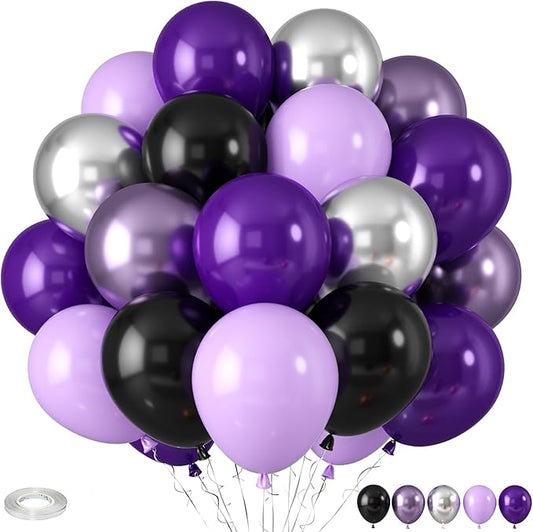 Purple and Black Balloons, Black Purple Balloons Metallic Silver Metallic Purple Balloons, Black Lilac Balloons for Women Girls Birthday Wedding Engagement Graduation Halloween Theme Party Decoration