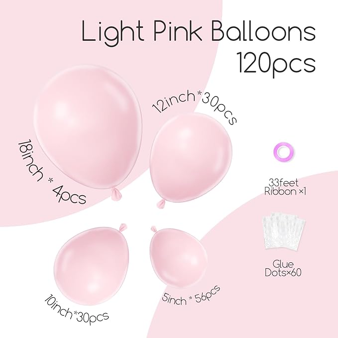 Awenztech 120pcs Light Pink Balloon Arch Kit, 18 12 10 5 inch Pastel Pink Latex Balloons Different Sizes Baby Pink Balloon Garland for Bridal Baby Shower Gender Reveal Birthday Party Decorations