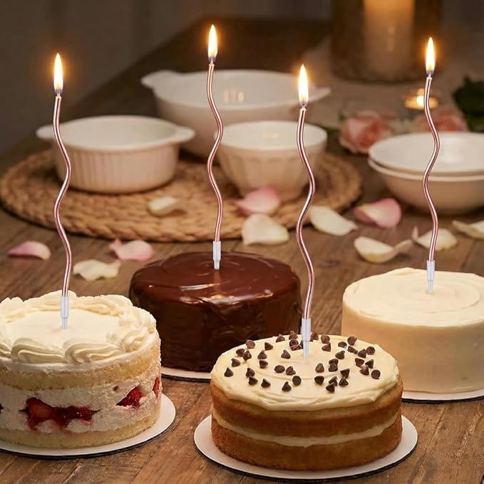 12-Count Spiral Birthday Candles, Long Twisty Party Candles with Candle Holders, Long Burning for Weddings, Birthdays, Party Decorations, Cupcakes, Anniversary and Meetups (Rose Gold)