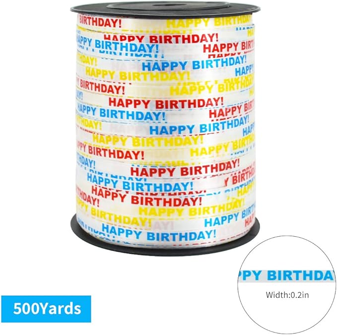 BEISHIDA 500 Yards Happy Birthday Printed Crimped Curling Ribbon Balloon String Roll Gift Wrapping Ribbon for Party Festival Art Craft Decor Florist Flowers Decoration Supplies