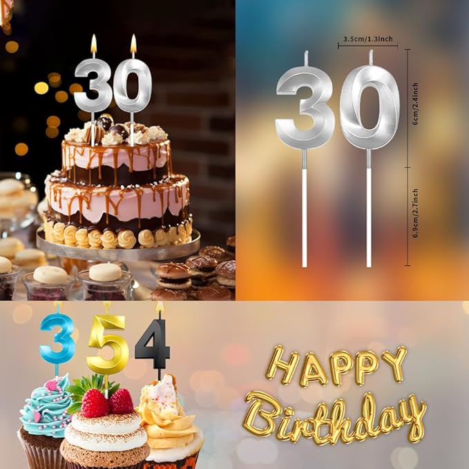 30th Birthday Candles Silver 30th Birthday Cake Topper Happy Birthday Decorations Number Candles for Cake Birthday Decorations for Him Her Silver Birthday Candle Candles for Cake Candles