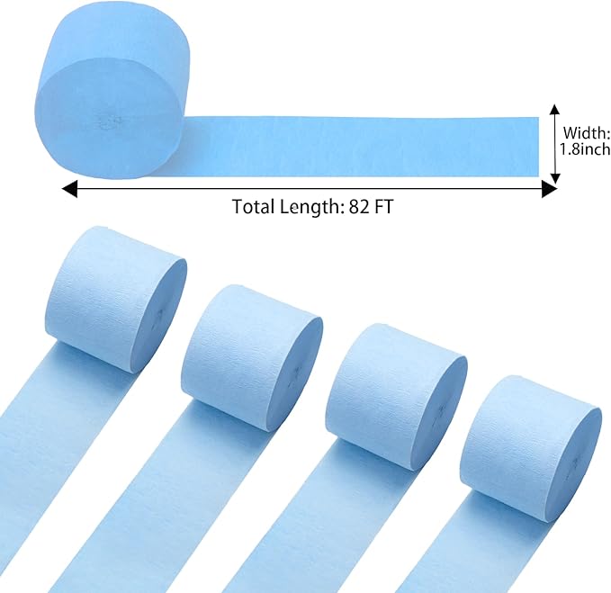 Powder Blue Crepe Paper Streamers 4 Rolls 328ft, Pack of Party Streamers for Party Decorations, Crepe Paper for Birthday, Baby Shower, Wedding Party Decorations (1.8 Inch x 82 Ft/Roll)