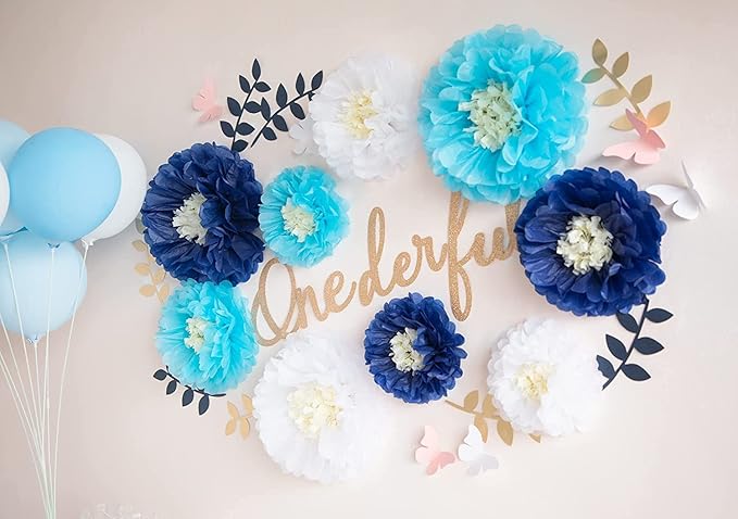 Fonder Mols Tissue Paper Chrysanth Flowers with Butterfly and Olive Leaves for Wedding Baby Shower Nursery Room Parties & Events Decorations Pom Poms (Navy Turquoise White)