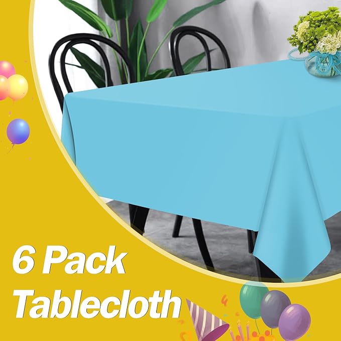 tujol Light Blue 6 Pack Plastic Table Cloth 54" x 108", Disposable Tablecloths Rectangle Table Cover, Plastic Tablecloths for Parties