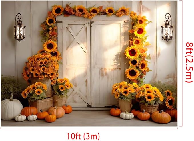 Kate Fall Photography Backdrop Autumn Sunflower Photo Background for Kids Fall Pumpkin Birthday Party Backdrop, 10x8ft