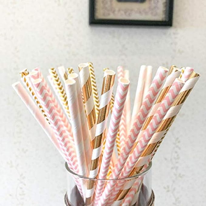 KTOJOY Biodegradable Paper Straws, 100 Pack Pink for Party Supplies, Birthday, Wedding, Bridal/Baby Shower Decorations and Holiday Celebrations